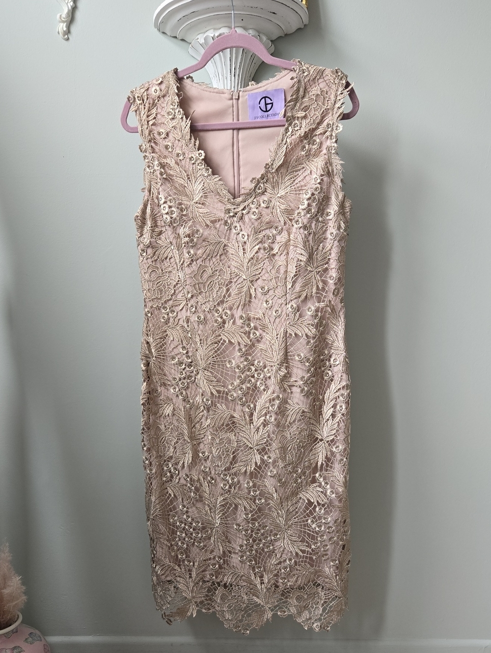 Champagne Embroidered Lace Overlay V‑Neck Dress